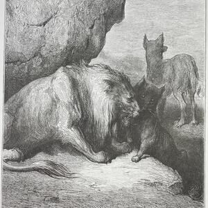 Dore, Fables, Lion Wolf Fox, Cobbler and Banker, Print, Bookplate~ 240706-WH 290
